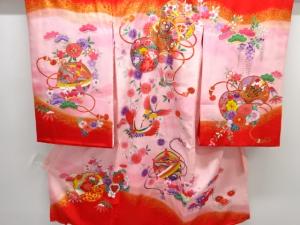 鼓に花・孔雀模様子供着物（長襦袢・内袖付き）